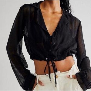 Free People Michelle Long Sleeve Cropped Sheer Black Top size large